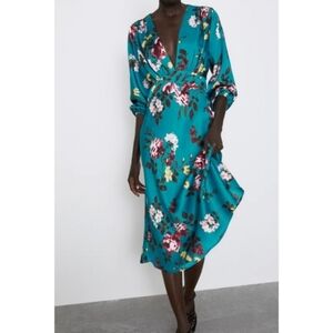 ZARA FLORAL PRINTED MIDI DRESS V-NECK TURQUOISE
